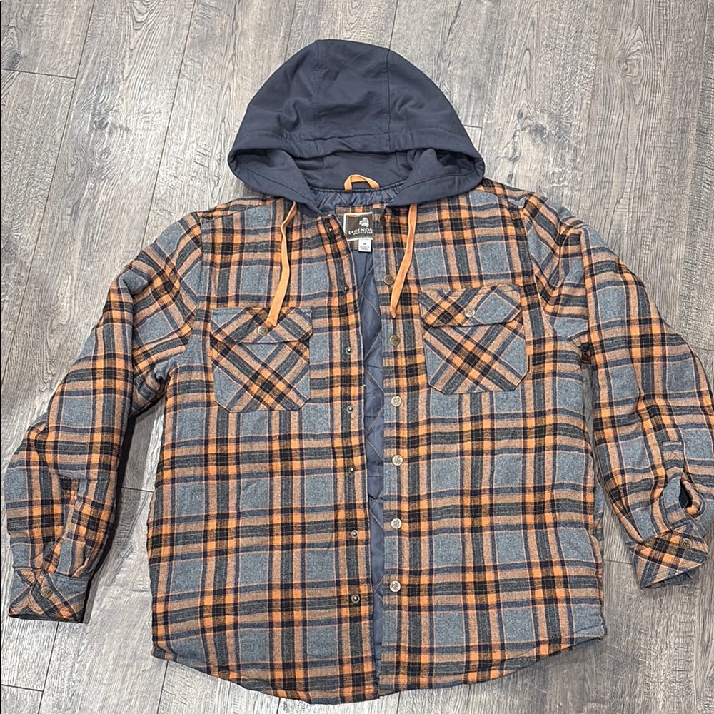 Men's Gray and Orange Plaid Hooded Shirt Jacket